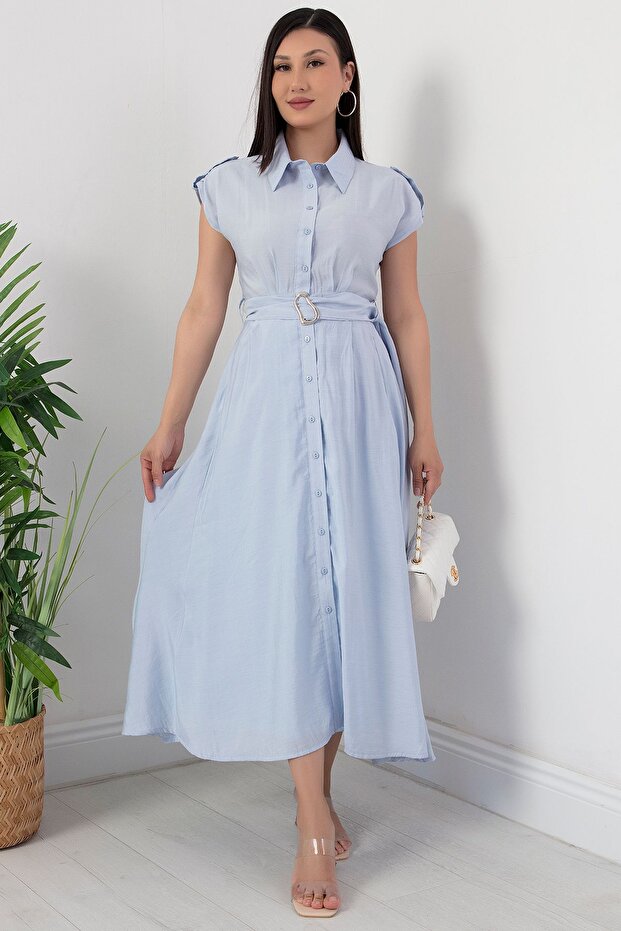 Boydan Düğmeli Kemerli Elbise NY4306 - 4