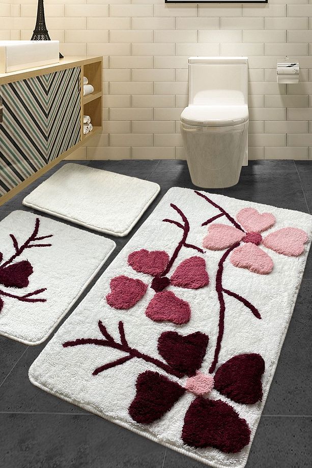 Kırçiçeği Pembe 3'lü Set Banyo Halısı Yıkanabilir, Kaymaz Taban Akrilik - 1