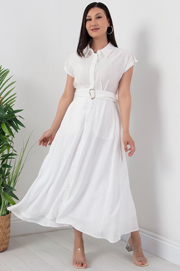 Boydan Düğmeli Kemerli Elbise NY4306 - 1