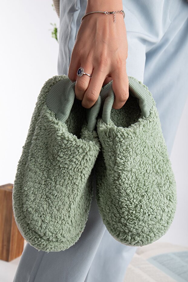 Kuzu Kumaş Yünlü Sessiz Taban Lastikli Kadın Ev Ayakkabısı Ev Botu Panduf - 1