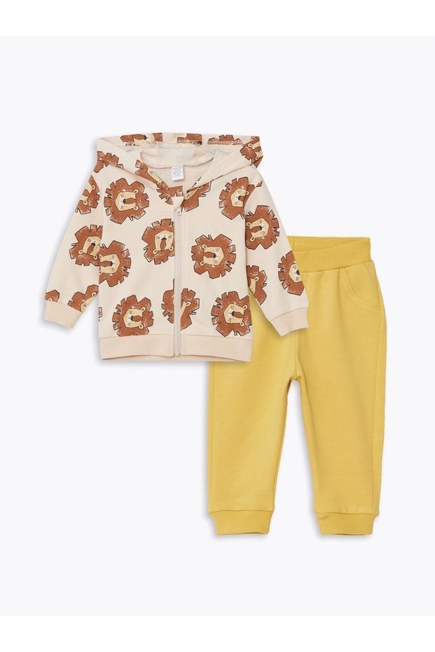 Hooded Long Sleeve Printed Baby Boy Cardigan and Trousers 2 Pieces Set