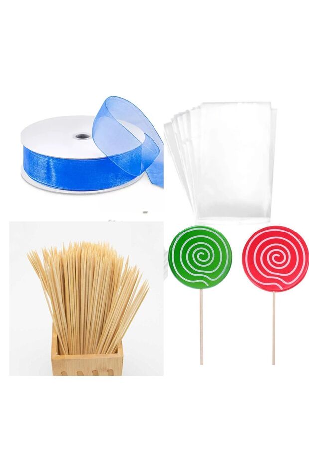 Cookie Lollipop Cake Cakepops Making Set 201 Pieces: Cookie Bags, Wooden Lollipop Sticks, Blue Ribbon