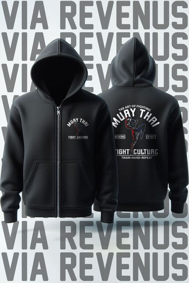 Muay Thai Front and Back Printed Unisex Zippered Hooded Sweatshirt Cardigan