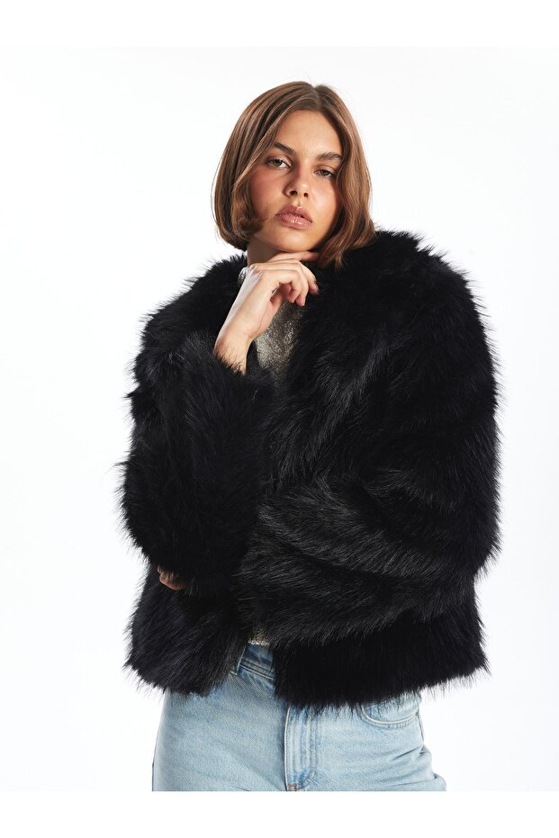 Damski płaszcz pluszowy - kołnierz kurtki - 1