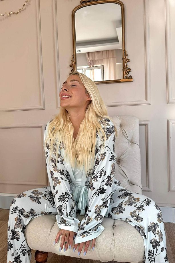 Mint Dallı Yaprak Desenli Termal Sabahlıklı Kadın Pijama Takımı - 4