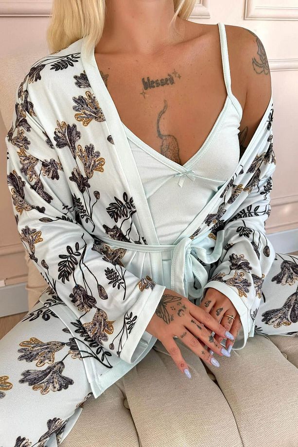 Mint Dallı Yaprak Desenli Termal Sabahlıklı Kadın Pijama Takımı - 6