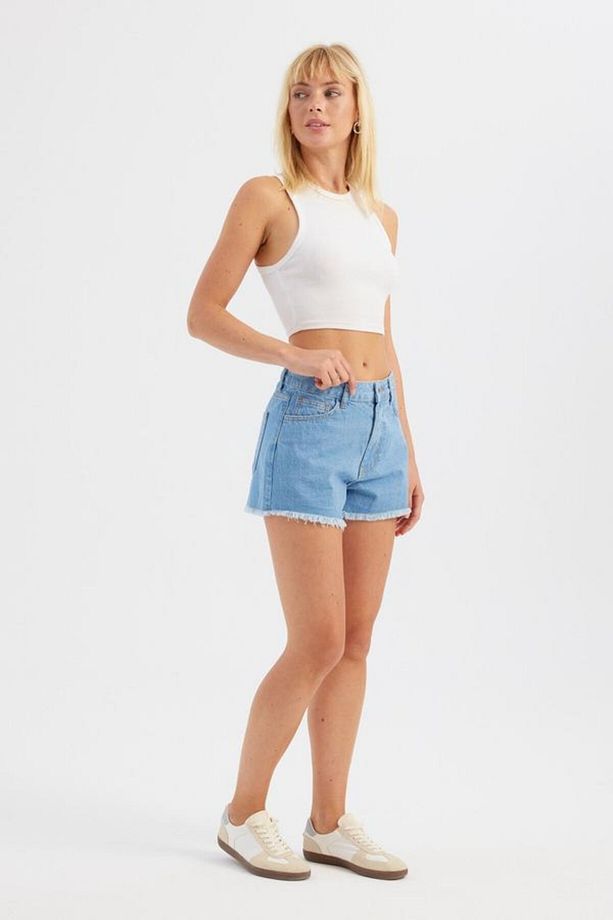 Koyu Renk Yüksek Bel Denim Şort - 2