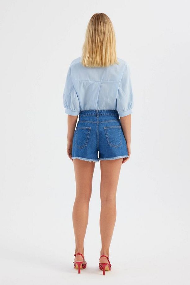 Koyu Renk Yüksek Bel Denim Şort - 4