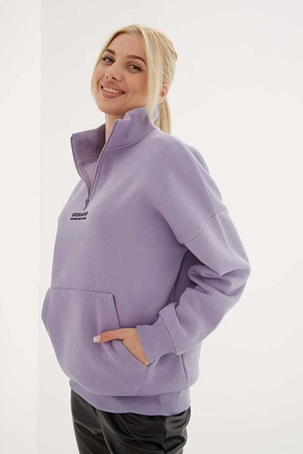 Zippered Collar Kangaroo Pocket Sweat Lilac