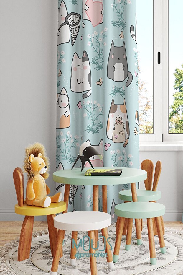 Sweet Kittens Patterned Background Curtain for Children's and Baby's Room Suede Printed Extralarge Fabric Drawstring Single Wing