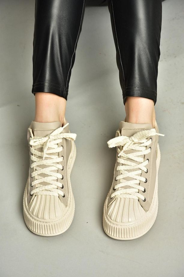T973599609 Bej Yüksek Bilekli Spor Ayakkabı Sneakers - 6
