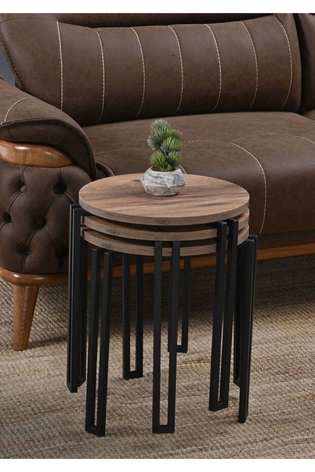 Servis Üçlü Sehpa Yuvarlak Ceviz Tabla Siyah Metal Ayak - 6