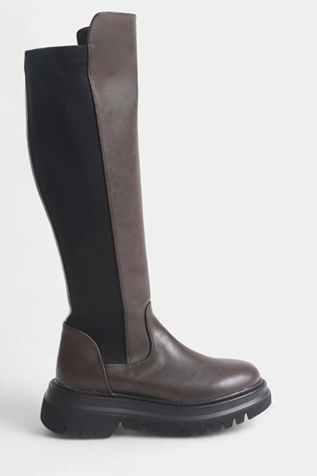 Brown Side Zipper Stretch Detailed Women's Boots