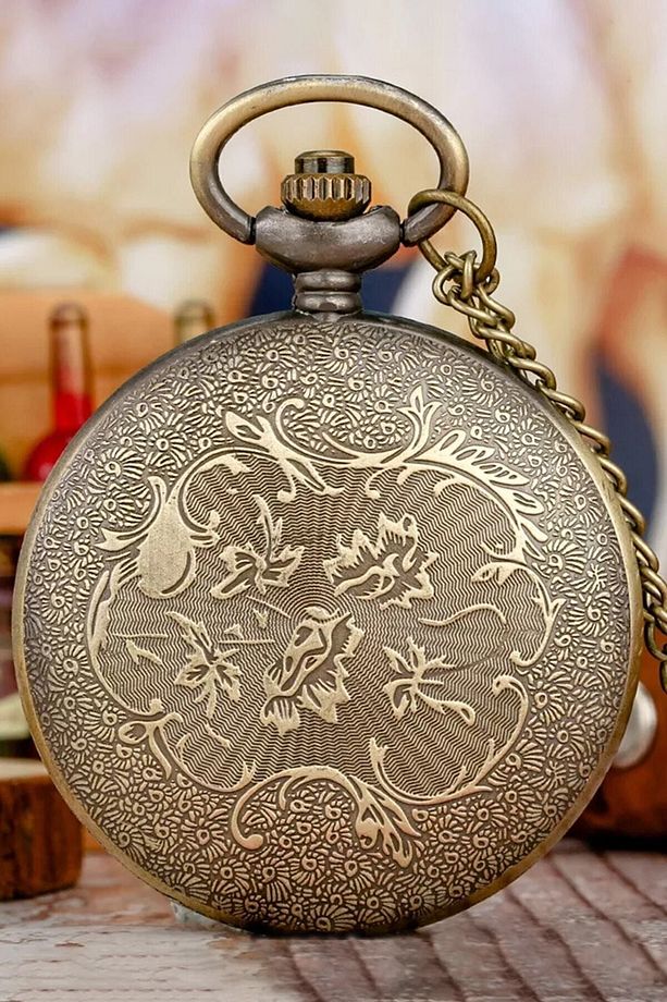 Özel Retro Bronz Renk Rakam Işlemeli Tasarım Köstekli Cep Saati - 4