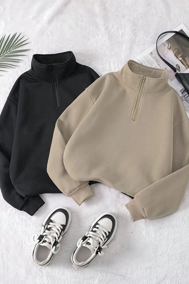 Women's 3 Thread Mink Black Oversize Half Zipper 2-Piece Sweatshirt Set