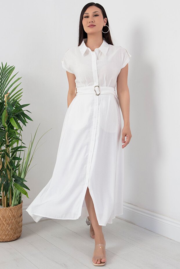 Boydan Düğmeli Kemerli Elbise NY4306 - 3