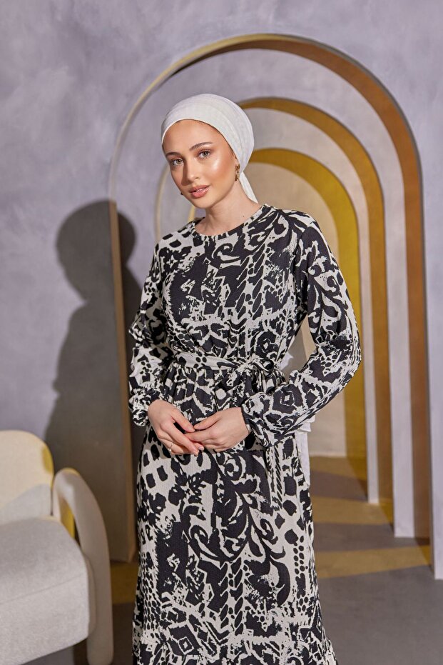 Women's Black Wrapped Fabric Patterned Belted Dress