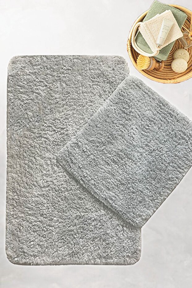 Cotton Basic Gray 60X100 50X60 Non-Slip Based 2-Piece Bathroom Mat Set