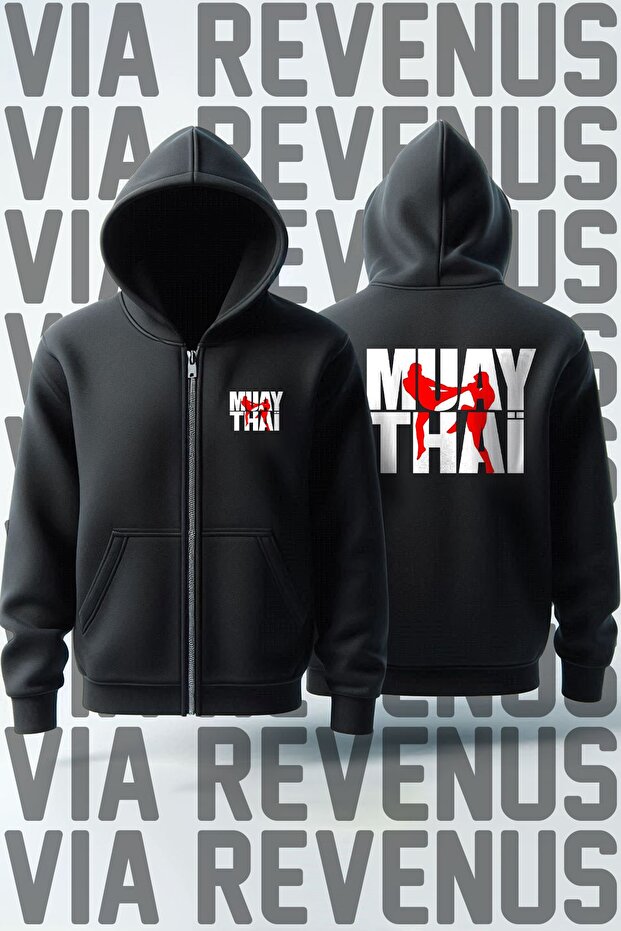 Muay Thai Front and Back Printed Unisex Zipper Hooded Sweatshirt Cardigan