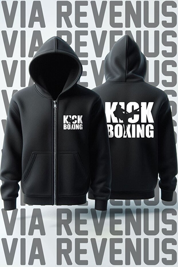 Kickboxing Front and Back Printed Unisex Zippered Hooded Sweatshirt Cardigan