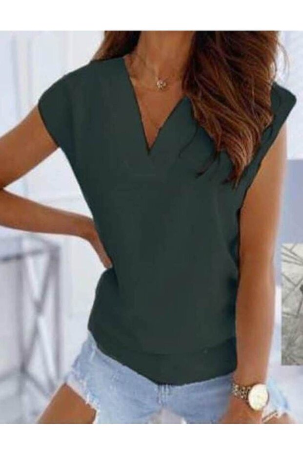 Khaki Green V-Neck Basic T-Shirt