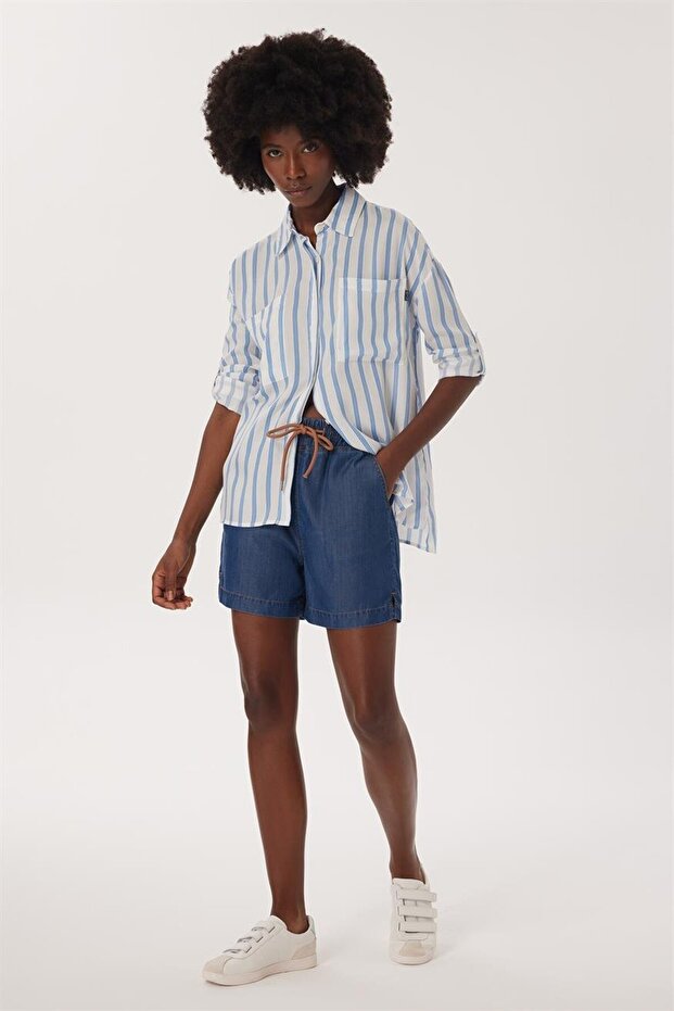 Mindy Women's 100% Cotton Woven Shirt White-Blue Striped