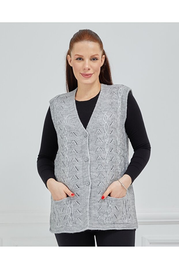 Women's Gray V-Neck Chain Knitted Wool Mother Knitwear Vest with Pockets