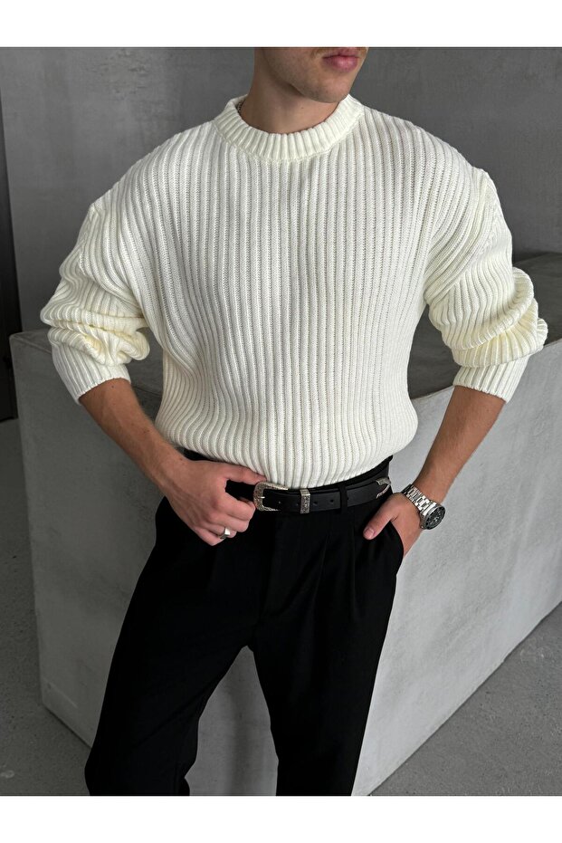 Erkek Fitilli Örme Oversize Kazak - 1