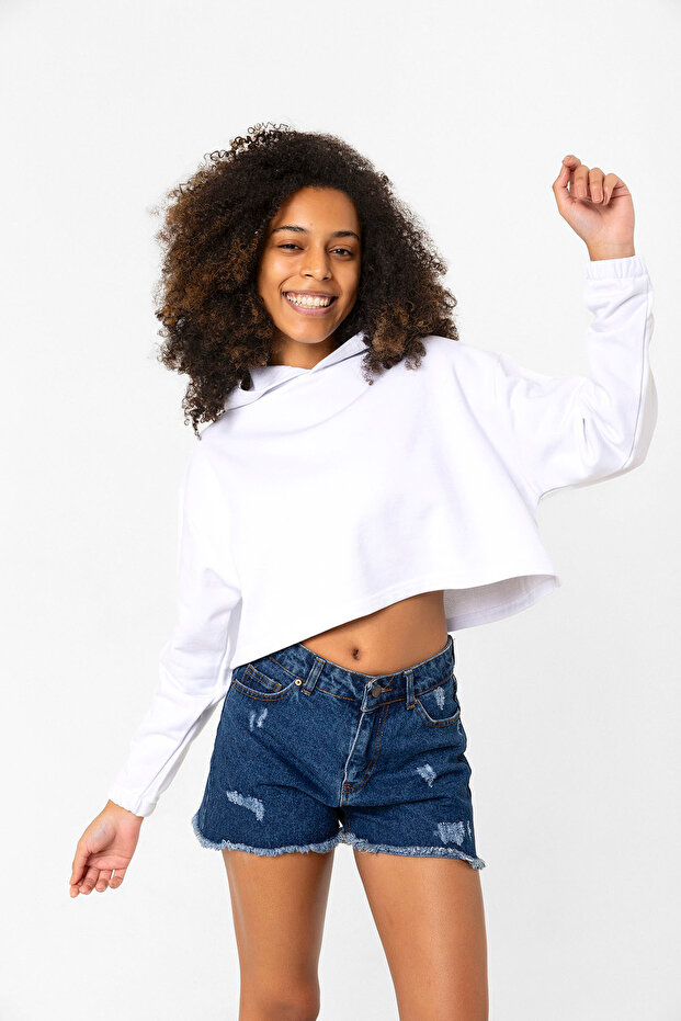 Basic Optik Beyaz Kapüşonlu Crop Sweatshirt - 2