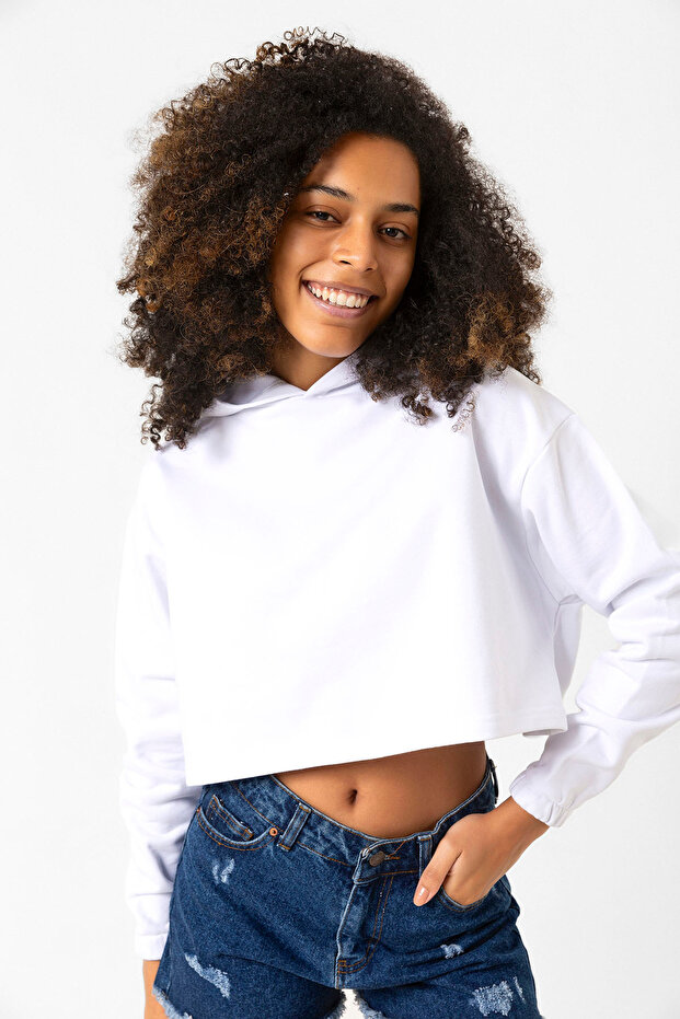 Basic Optik Beyaz Kapüşonlu Crop Sweatshirt - 6
