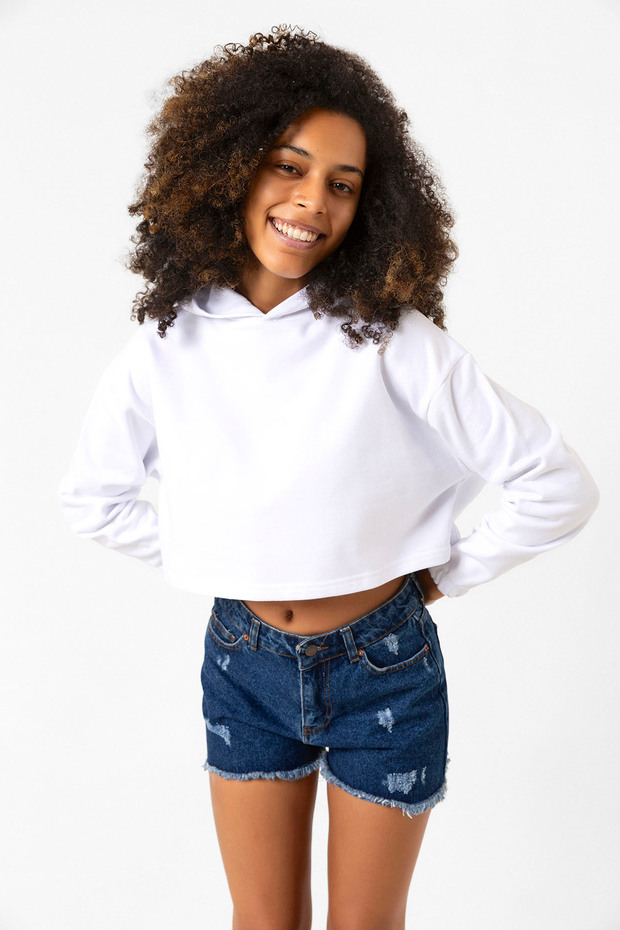 Basic Optik Beyaz Kapüşonlu Crop Sweatshirt - 4