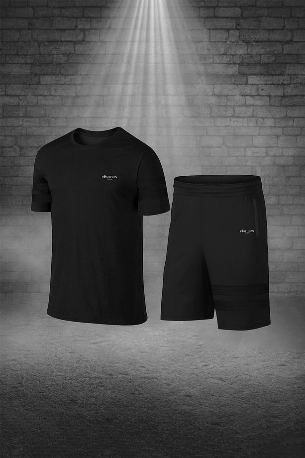 Over Size Erkek Siyah Dri-fit Kumaş Baskısız Yuvarlak Yaka Kısa Kol Tişört Şort Alt Üst Takım (4xl - 1