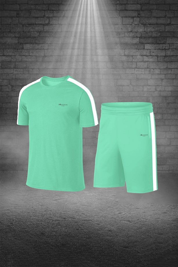 Over Size Erkek Su Yeşili Dri-fit Kumaş Baskısız Yuvarlak Yaka Kısa Kol Tişört Şort Alt Üst Spor Tak - 1