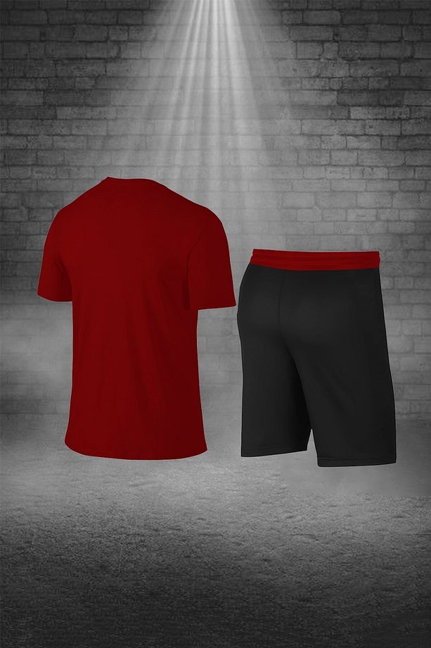 Over Size Erkek Bordo Dri-fit Kumaş Cepli Baskısız Bisiklet Yaka Tişört Şort Sporcu Alt Üst Takım - 4