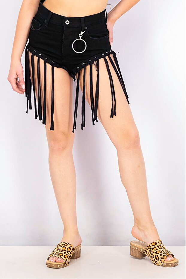 Women High Rise Fringe Hem Denim Shorts, Black