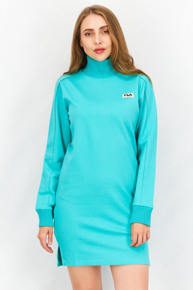 Women Sportswear Fit Brand Logo Muck Neck Midi Dress, Dusty Blue