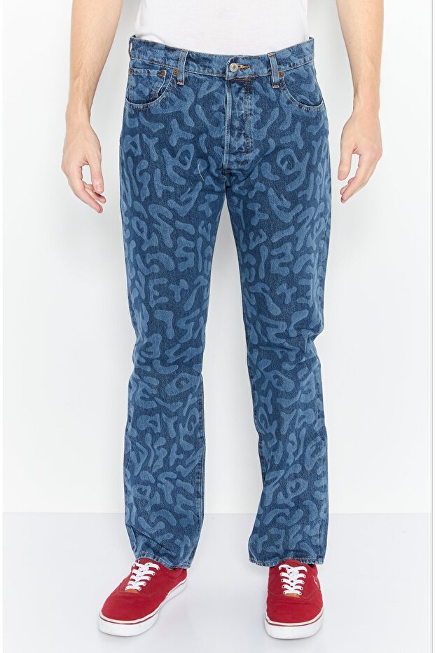 Men Regular Fit Printed Straight Leg Denim Jeans, Blue