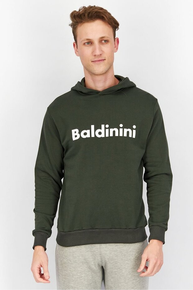 Men Hooded Brand Logo Long Sleeves Sweatshirt, Green and White