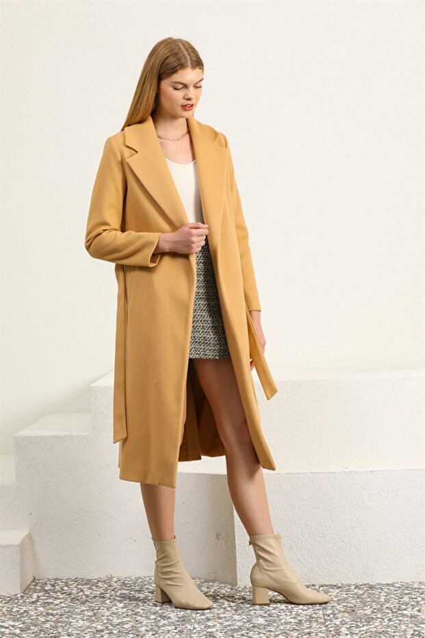 Kemerli Camel Kaşe Palto - 5