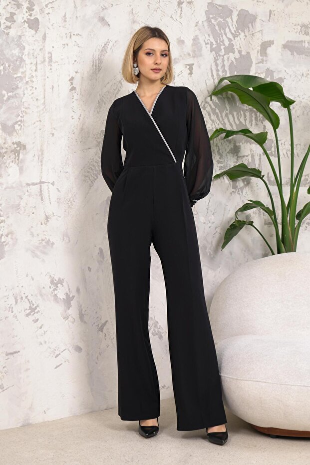 Şerit Aksesuarlı Siyah Tulum - 2