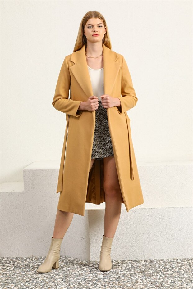 Kemerli Camel Kaşe Palto - 8