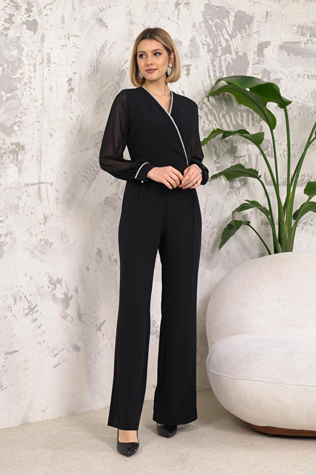 Şerit Aksesuarlı Siyah Tulum - 3