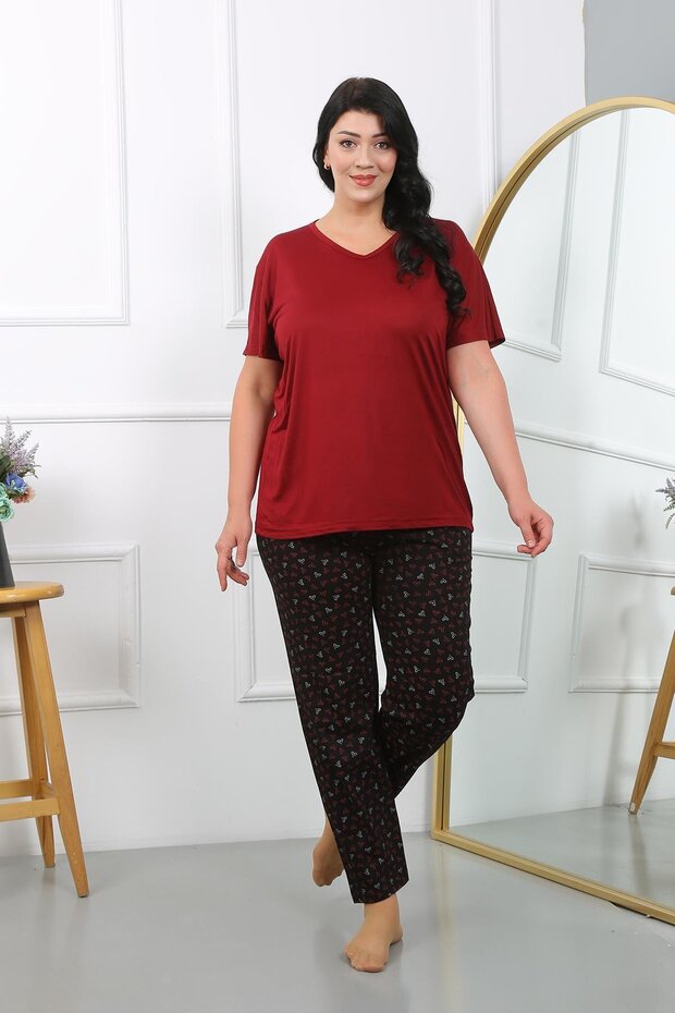 Women's Plus Size Short Sleeve Combed Cotton Pajamas Set Burgundy 202406