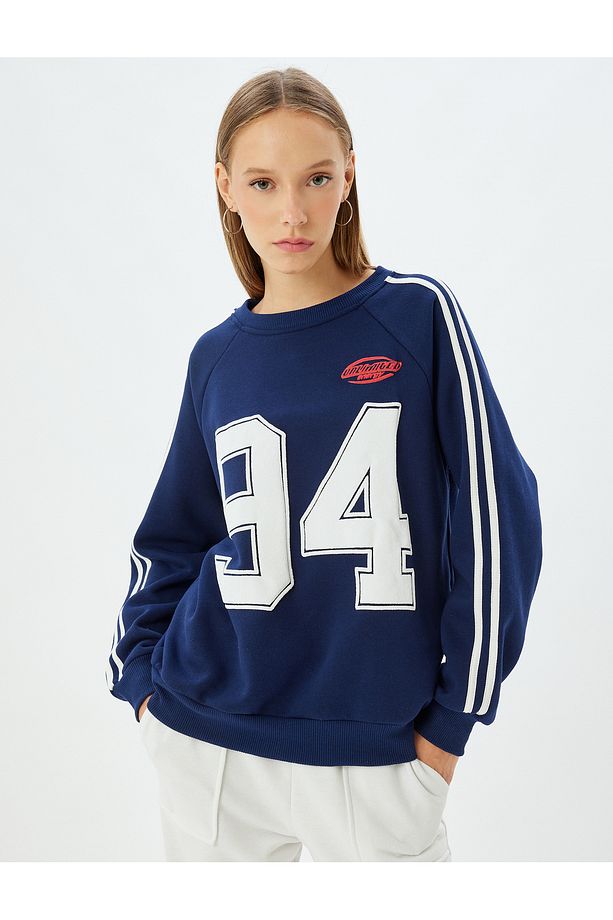 Şardonlu Oversize Sweatshirt Kolej Nakışlı Bisiklet Yaka Biyeli - 3