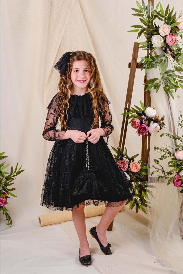 Bow Pattern Lace Dress Black