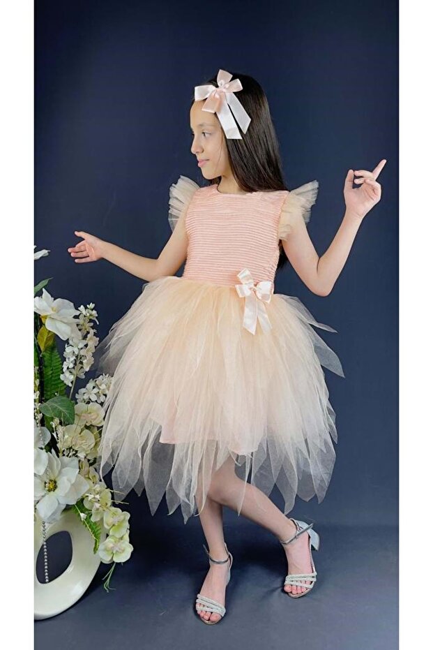 Tüllü Kırçıllı Kız Çocuk Parti Elbisesi PUDRA - 3