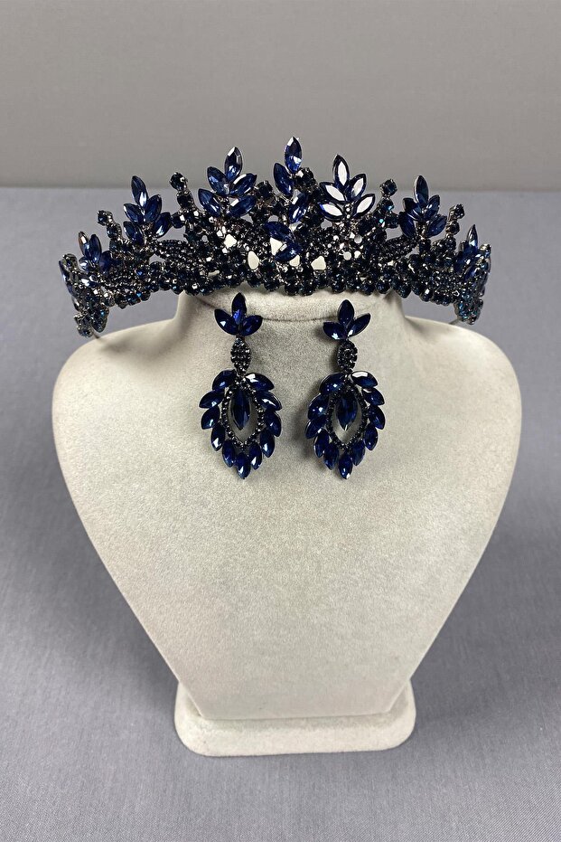 Navy Blue Bridal Henna Crown and Drop Earring Set - Belur
