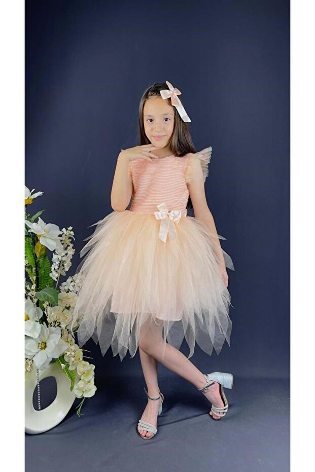 Tüllü Kırçıllı Kız Çocuk Parti Elbisesi PUDRA - 2
