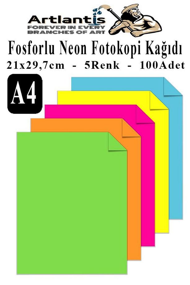 Neon Fosforlu Renkli A4 Fotokopi Kağıdı 100 lü 1 Paket 100 Adet Fosforlu 5 Renk Parlak Canlı Renkler - 1