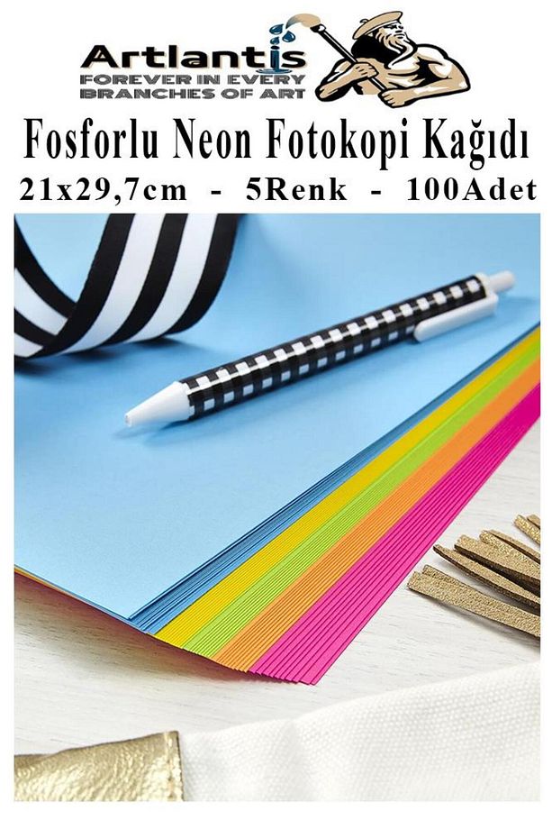 Neon Fosforlu Renkli A4 Fotokopi Kağıdı 100 lü 1 Paket 100 Adet Fosforlu 5 Renk Parlak Canlı Renkler - 2